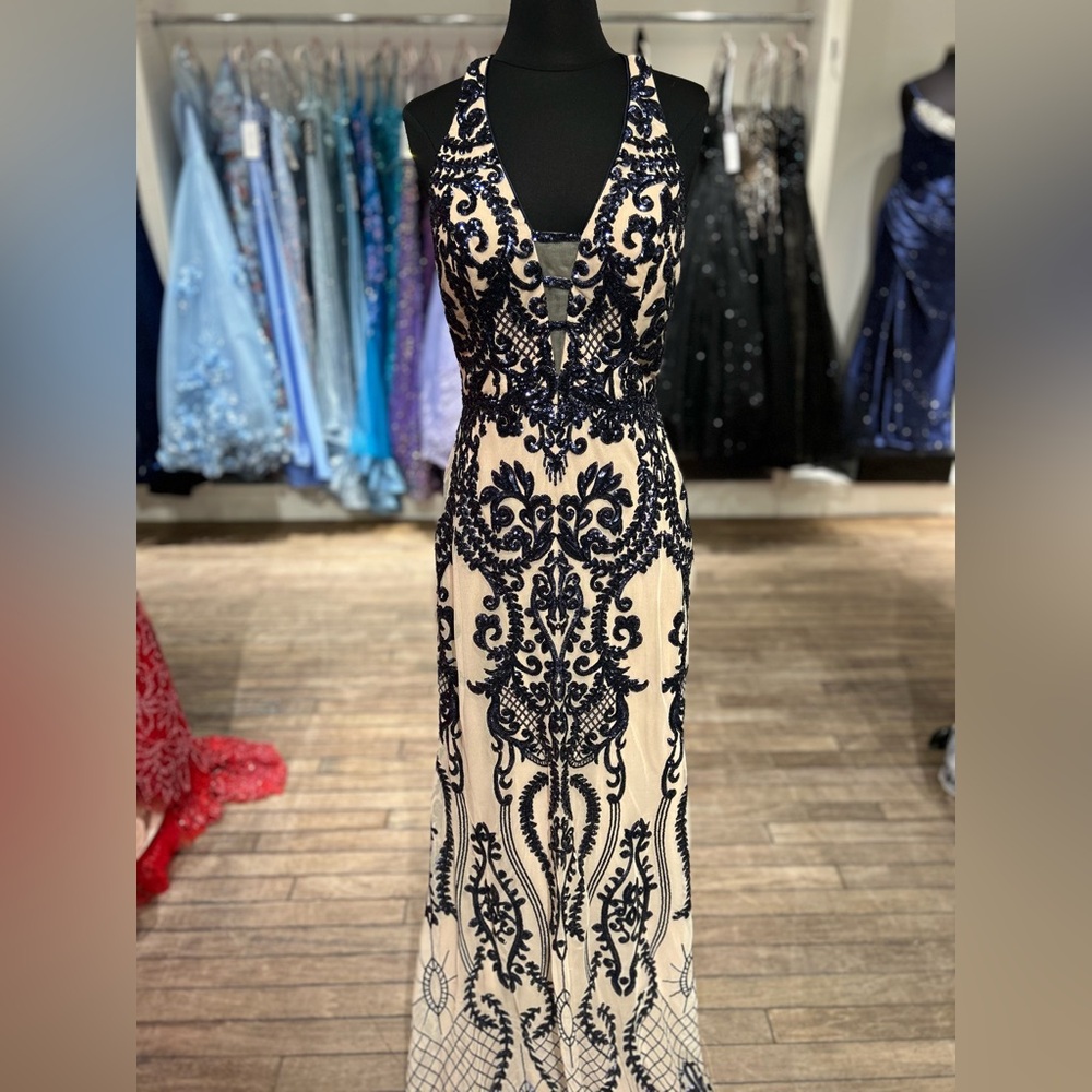 Navy Embroidered Halter Prom Dress - Chic Formal Gown